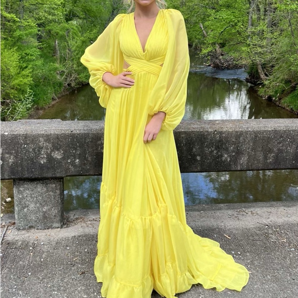 Jovani size 2 bright yellow altered in length to fit 5’2 plus 6 inch heels